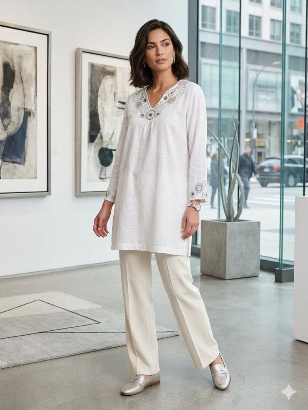 Chico’s Women's Size 3/XL White Beaded Sequin 3/4 Sleeve V-Neck Tunic Cover-Up